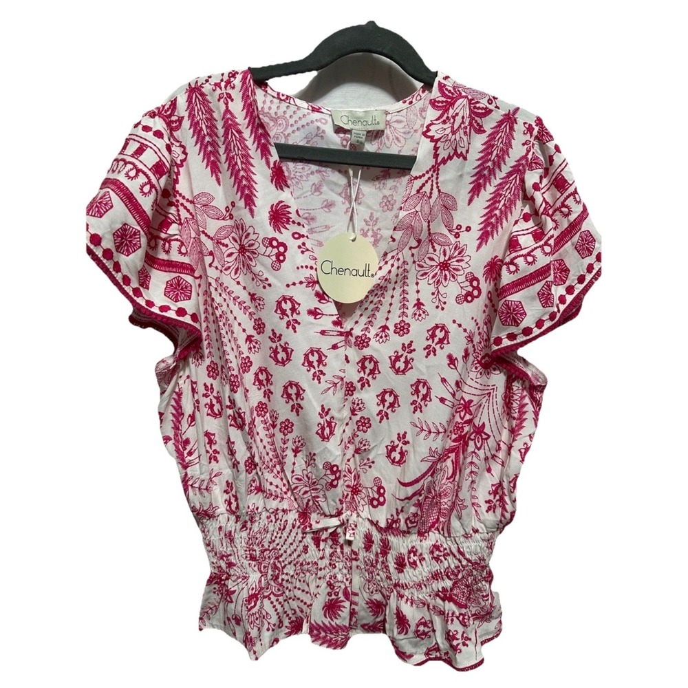 Chenault Women's White/Pink Floral V-Neck Smocked Short Sleeve Blouse S
